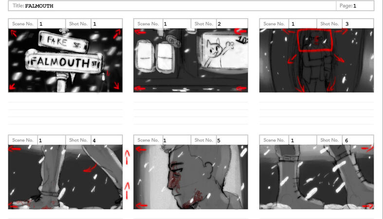 Storyboard for a teacher's script called Falmouth. #1